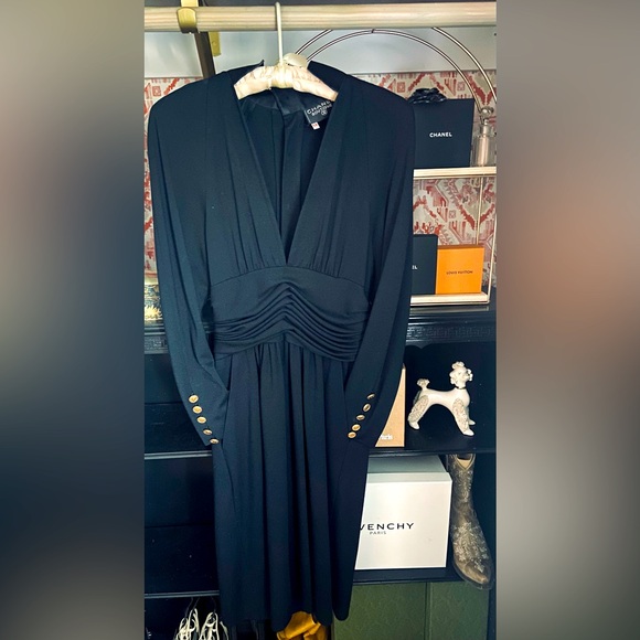 Vintage Chanel Boutique V-Neck Black Wool Dress with button down back - Picture 1 of 15